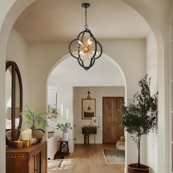 20 in. 6-Light Farmhouse Dark Gold Pendant Light, Modern Black DIY Sputnik Chandelier, Dining Room Pendant Hanging Light