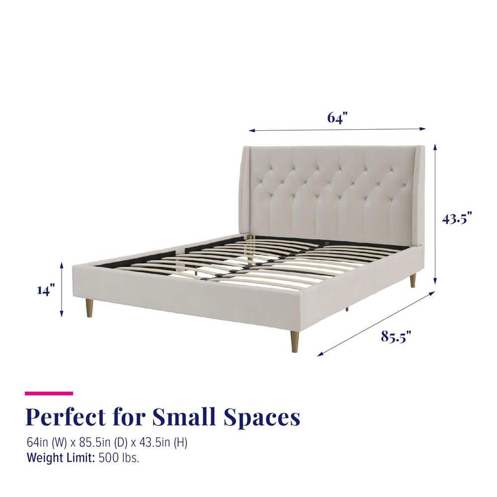 Ivory Velvet Queen Platform Bed with Diamond Tufted Wingback Headboard