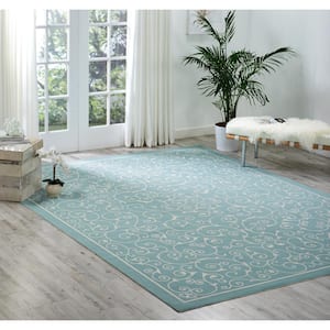 Home and Garden Pavilion Light Blue 8 ft. x 11 ft. Floral Transitional Indoor/Outdoor Patio Area Rug