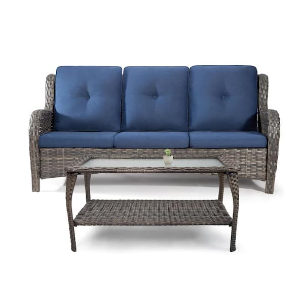 Sudzendf 2-Piece Wicker Outdoor Patio Conversation Set with Blue Cushions and Coffee Table, Tempered Glass Tabletop