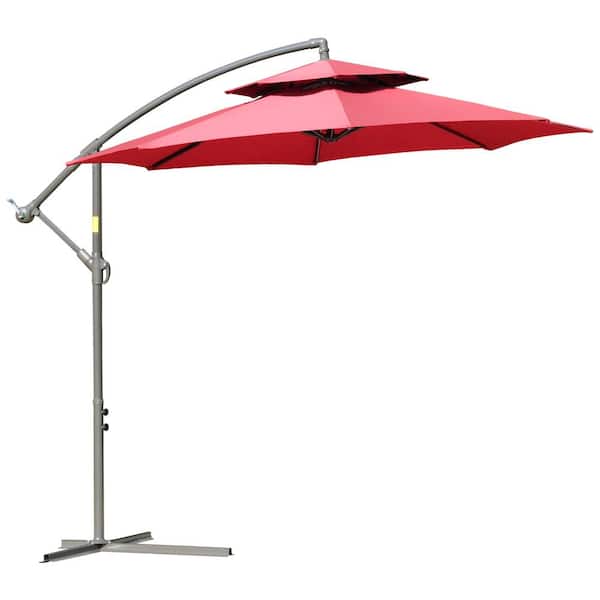 Zeus & Ruta 9 ft. 2-Tier Steel Push-Up Cantilever Patio Umbrella in Red with Crank Handle Cross Base and 8 Ribs for Backyard