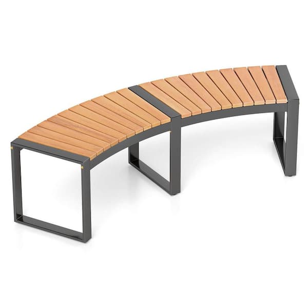 Costway Backless 2-Person Patio Curved Bench with Slatted Seat and Metal Legs Oil Painted