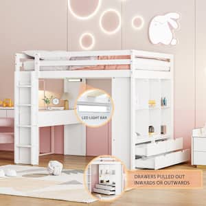 White Wood Full Size Loft Bed with Multiple Shelves, 6-Drawer, Built-In Desk, LED Light