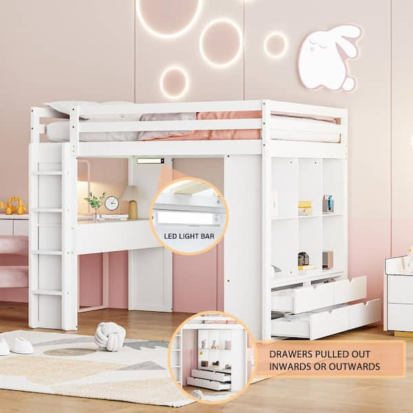 Harper Bright Designs White Wood Full Size Loft Bed With Multiple Shelves Drawer Built In