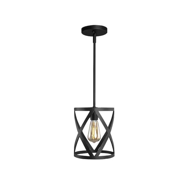 KODA Ludwig 9 in. 7-Watt 1-Light Black Farmhouse Pendant Hanging Light with X-Cage Shade for Dining Room or Kitchen