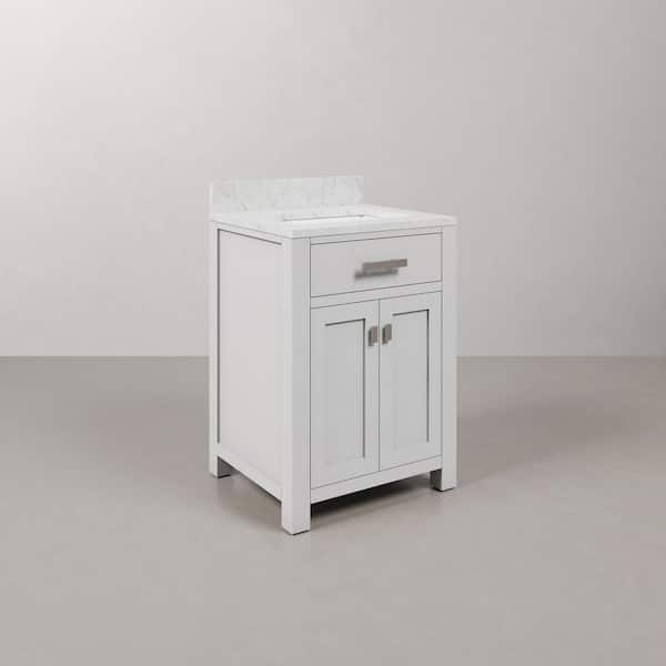 Madison 24 in. W x 21.5 in. D x 34 in. H Single Sink Bath Vanity in Pure White with Carrara White Marble Top
