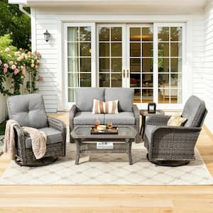 Meis Gray 5-Piece Wicker Patio Conversation Set with Dark Gray Cushions and Swivel Chairs