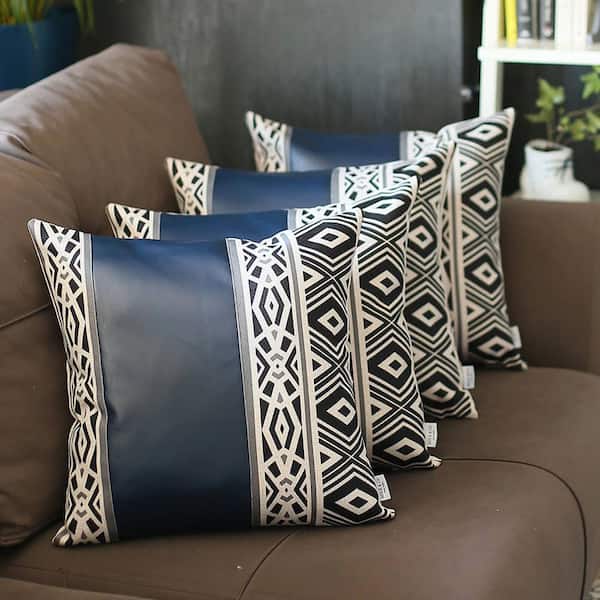 Mike&Co. New York Bohemian Set of 4 Handmade Decorative Throw Pillow Vegan Faux Leather Geometric for Couch, Bedding - Blue - 17 x 17 in