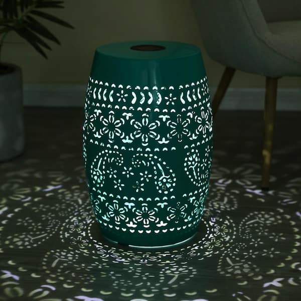 Noble House Pearla Teal Iron Outdoor Patio Side Table with Solar Powered Light