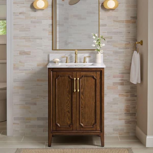 Simsbury 25 in. Single Sink Cinnamon Oak Bath Vanity with Calacatta White Engineered Stone Top (Assembled)