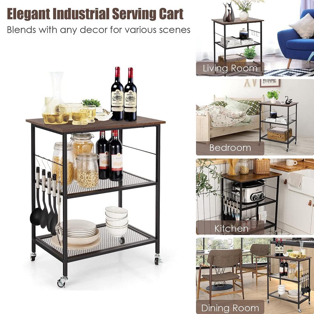 3-Tier Brown Kitchen Serving Cart Utility Standing Microwave Rack with Hooks - thumbnail 9
