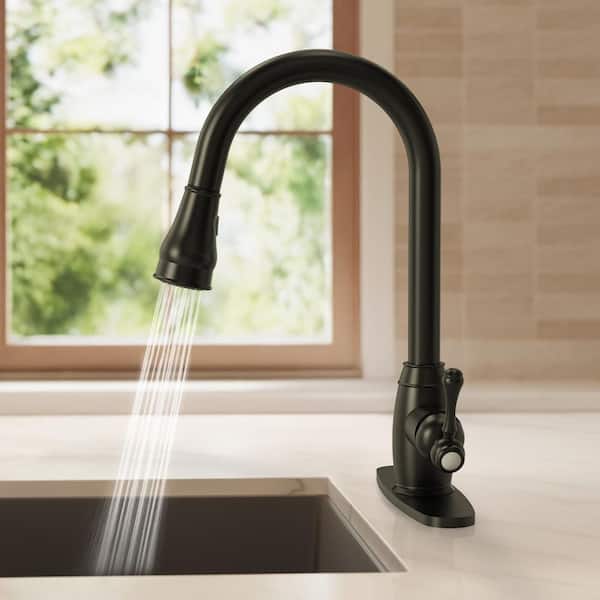 16. 6 in. Single Handle Pull Down Sprayer Hot and Cold Kitchen Faucet 360° Spout Swivel with Deckplate in Matte Black