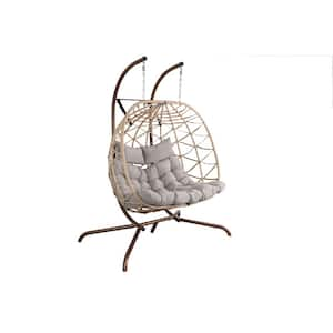 2-Person Metal Patio Swing Egg Chair with Stand and All-Weather Hand-Woven Resin Rattan in Thick Gray Cushions & Pillow