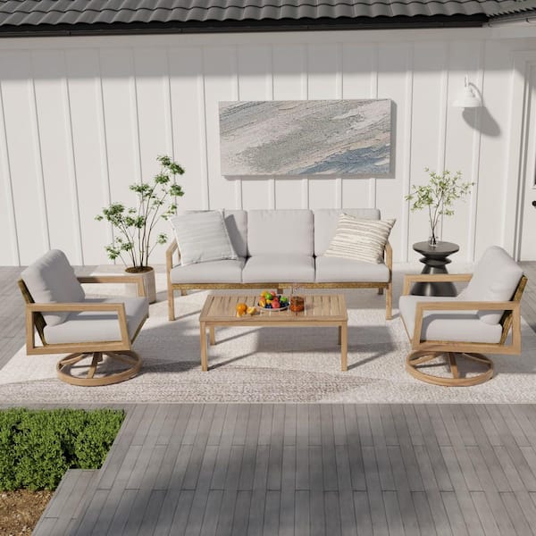 EGEIROSLIFE Posh Frame 4-Piece Aluminum Outdoor Conversation Set with Swivel Chairs, Rattan Chair Back and Light Gray Cushions