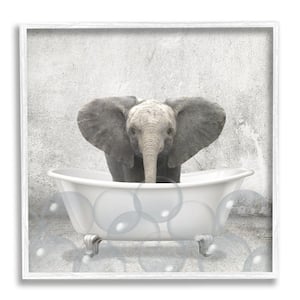 Baby Elephant Bath Time Cute Animal Design By Kim Allen Framed Print Animal Texturized Art 24 in. x 24 in.