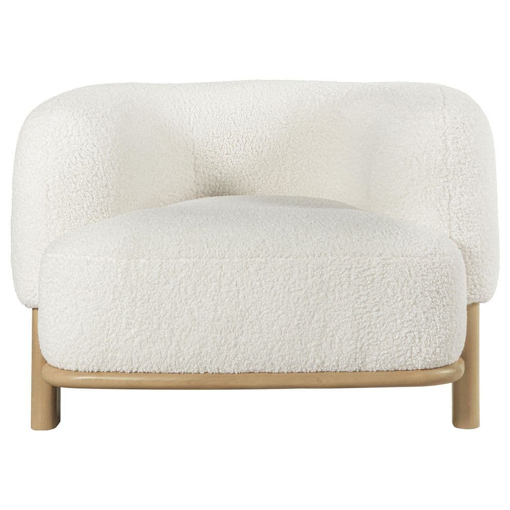 Ivory Boucle Upholstered Barrel Accent Chair with Wooden Legs