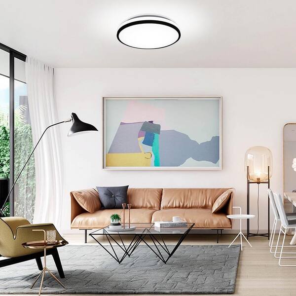 Lecoht 13.4 in. White Flush Mount Ceiling Light with Black Trim