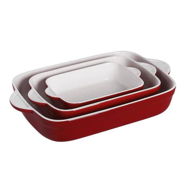 3-Piece Red Ceramic Casserole Bakeware Set with Handles Deep Rectangular Pan Oven Safe Kitchen Cooking Set