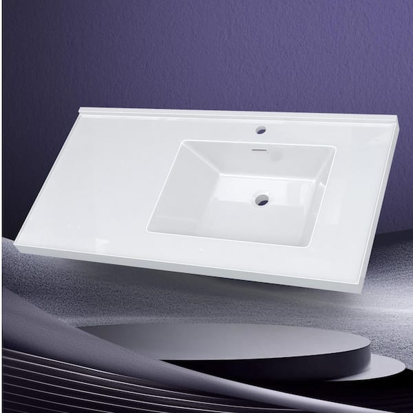 42 in. W x 22 in. D Solid Surface Rectangular Right Single Sink Vanity Top with Backsplash and Basin Countertop in White