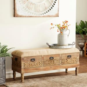 Brown Intricately Carved Floral Storage Bench with Cream Burlap Top 20 in. X 47 in. X 16 in.