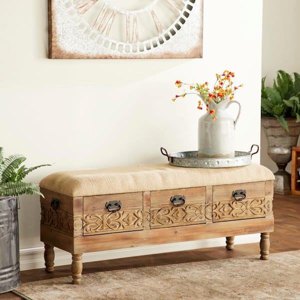 Litton Lane Brown Intricately Carved Floral Storage Bench with Cream Burlap Top 20 in. X 47 in. X 16 in.