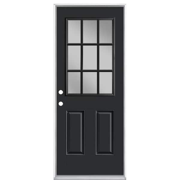 Masonite 32 in. x 80 in. 9 Lite Jet Black Right-Hand Inswing Painted Smooth Fiberglass Prehung Front Door with No Brickmold