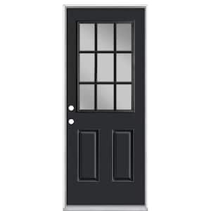 32 in. x 80 in. 9 Lite Jet Black Right-Hand Inswing Painted Smooth Fiberglass Prehung Front Exterior Door, Vinyl Frame