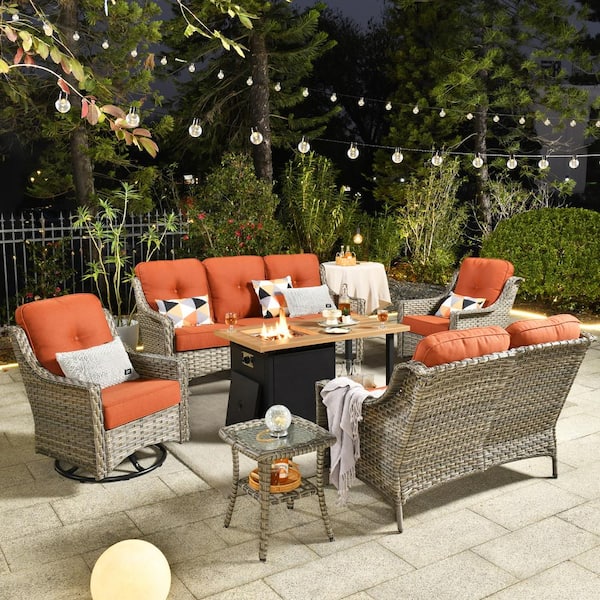 Toject Eureka Grey 6-Piece Wicker Outdoor Patio Conversation Sofa Loveseat Set with a Storage Fire Pit and Red Cushions