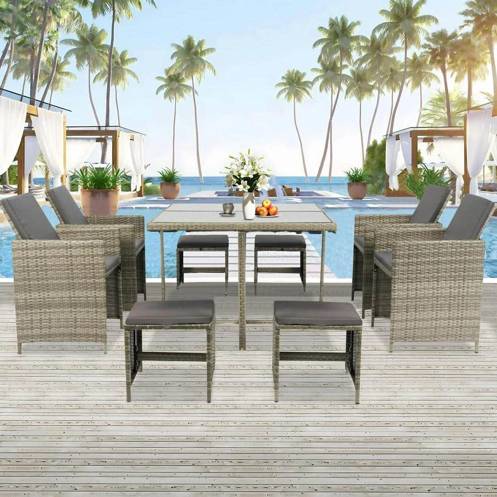 9-Piece Wicker Indoor Outdoor Dining Furniture Set, All-Weather Sectional Conversation Set with Cushions -  AUTMOON, W329S00040