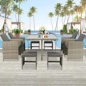 9-Piece Wicker Indoor Outdoor Dining Furniture Set, All-Weather Sectional Conversation Set with Cushions