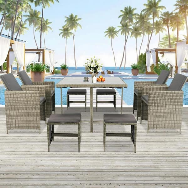 AUTMOON 9-Piece Wicker Indoor Outdoor Dining Furniture Set, All-Weather Sectional Conversation Set with Cushions
