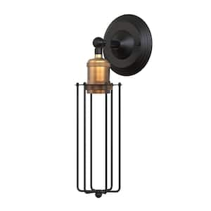 Industrial Farmhouse 10.63 in. 1 Black Wall Sconce with Dimmable Caged Shade