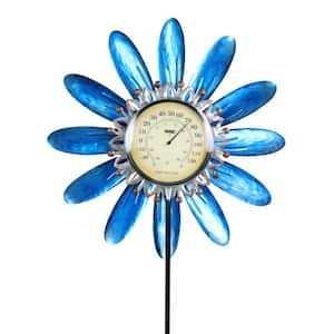4.13 ft. Teal Metal Spinning Flower Thermometer Garden Stake
