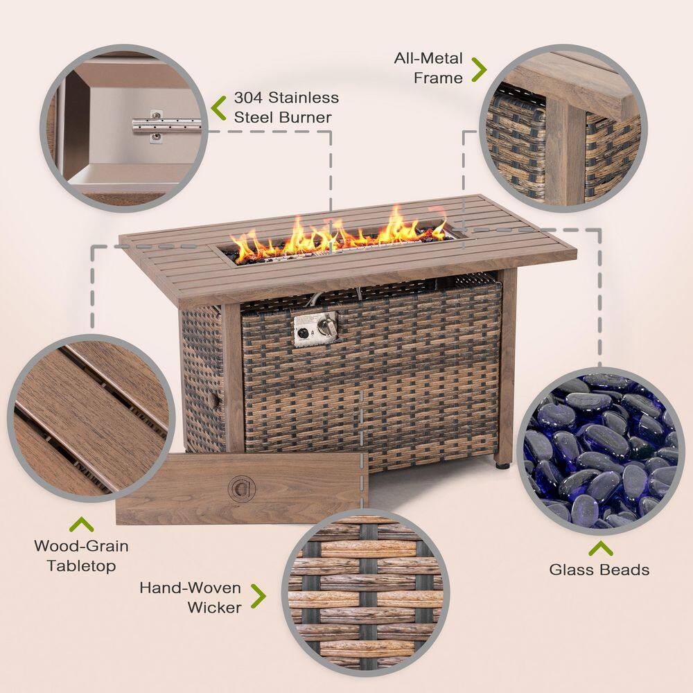 Nuu Garden 43'' Brown Rattan Gas Fire Pit Table with Glass Beads