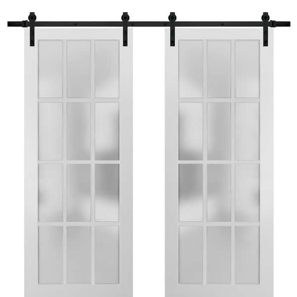 Sartodoors 28 in. x 96 in. 2 Panel Frosted Glass White Solid Wood Sliding Barn Door with Hardware Kit