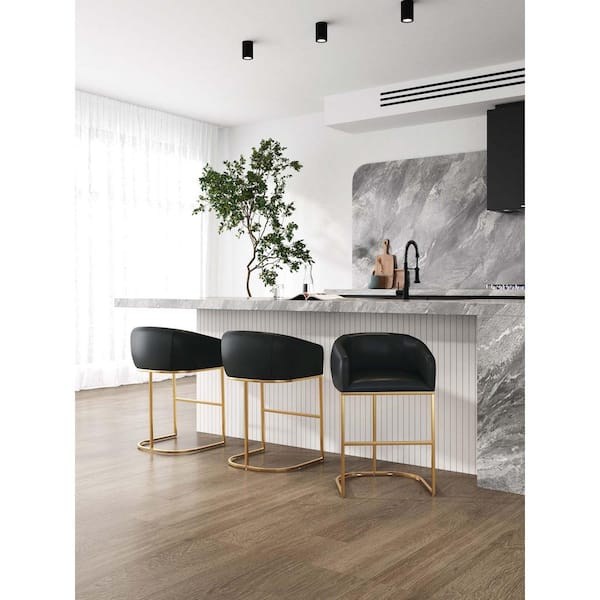Manhattan Comfort Louvre 26 in. Black and Titanium Gold Metal Counter Stool with Leatherette Upholstered Seat (Set of 3)