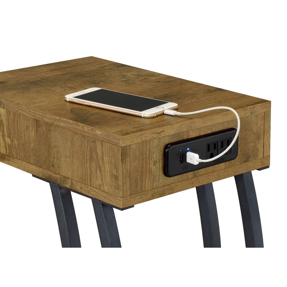 Transitional Antique Nutmeg Wood & Metal End Table with Charging Station