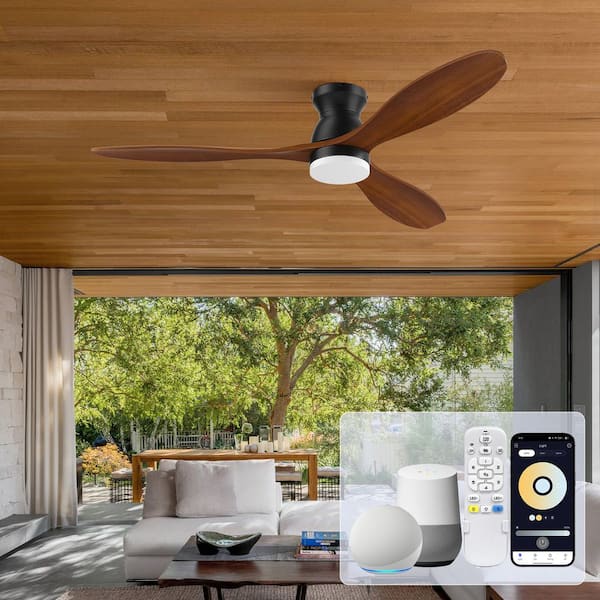 52 in. Wood Smart Modern Black Walnut Flush Mount Outdoor Indoor Ceiling Fan with LED Lights, Remote/APP/Alexa, DC Motor