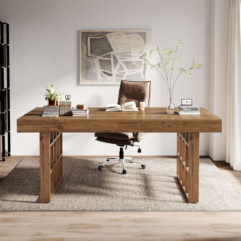 Moronia 62.9 in. Rectangular Brown Engineered Wood Computer Desk with Double Pedestal