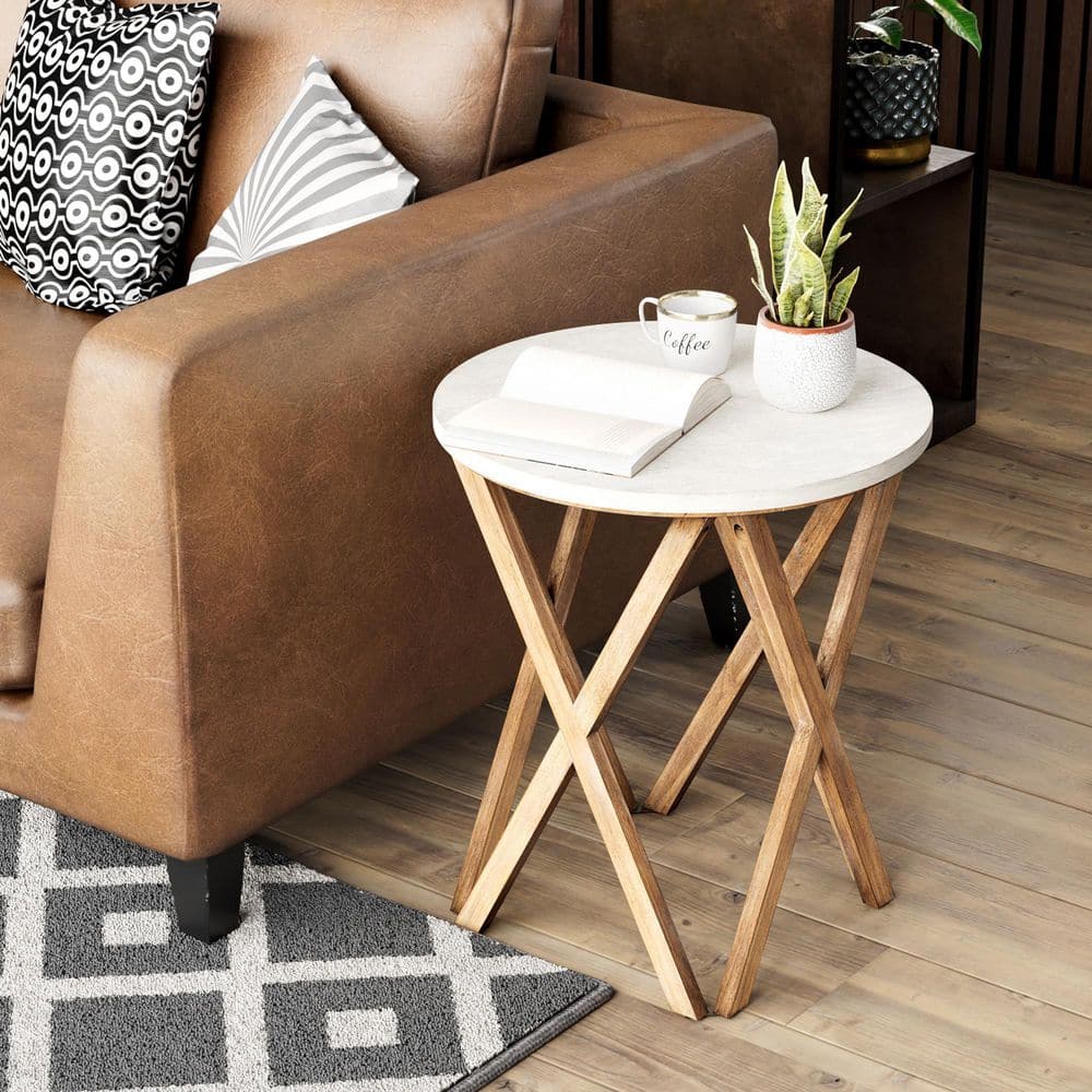 Round Distressed White and Natural Wood Pedestal End Table