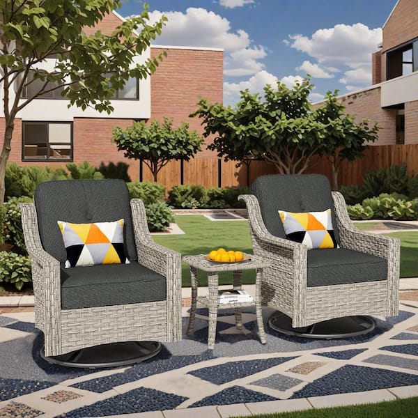 3-Piece Wicker Swivel Outdoor Rocking Chairs Patio Conversation Set with Black Cushions and Side Table