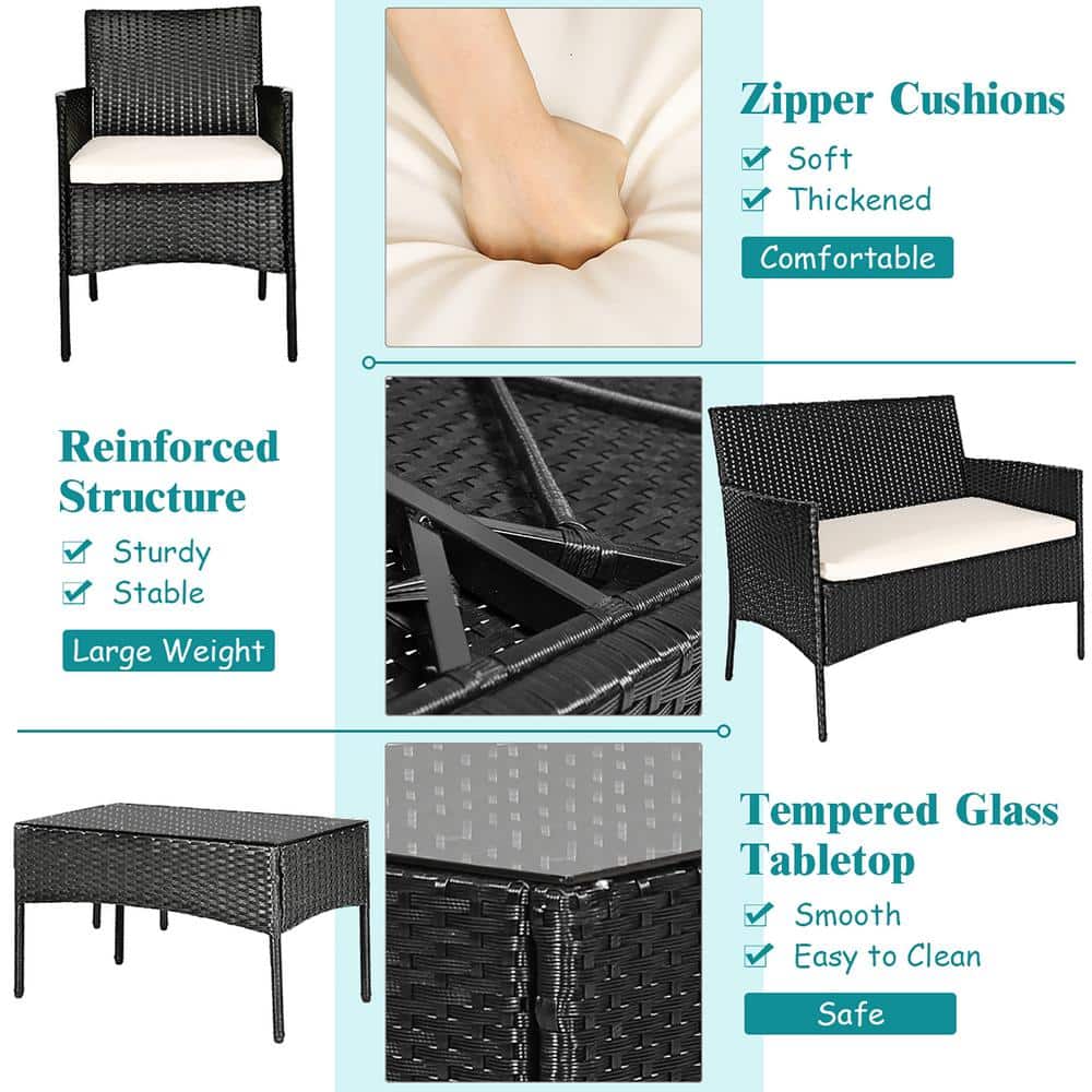 Modern Black Wicker 4-Piece Patio Set with White Cushions