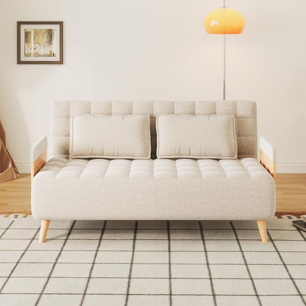 JASIWAY 59.06 in. Beige Folding Linen Sofa Bed