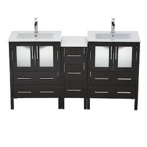 Torino 60 in. Double Vanity in Espresso with Ceramic Vanity Top in White with White Basins and Mirrors