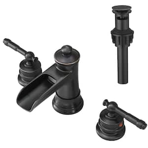 Waterfall Spout 8 in. Widespread Double Handle High Arc Bathroom Faucet with Drain Kit Included and Hose in Bronze