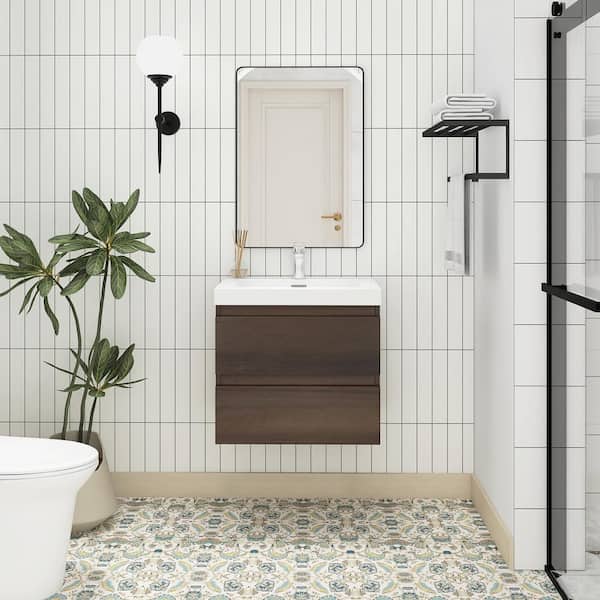 Boosicavelly 24 in. W X 19.5 in. D x 20.5 in. H Single Sink Wall-Mounted Bath Vanity in Grey Oak with White Resin Top