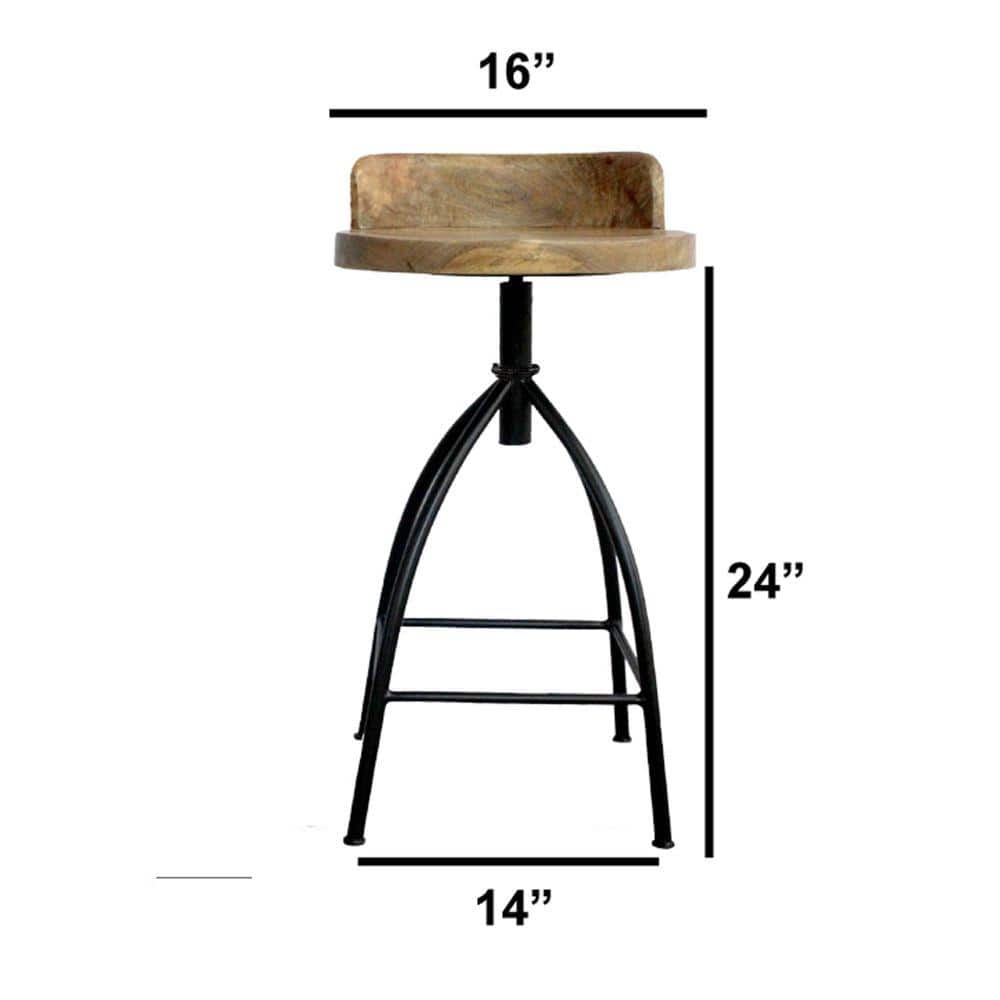 Adjustable Brown Mango Wood and Black Iron Swivel Bar Stool