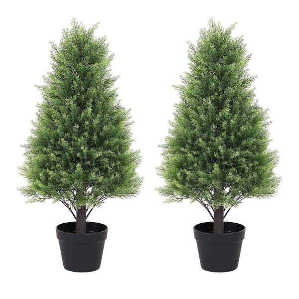 30 in. Artificial Topiary Tower Tree, Faux Grass Plants Set of 2