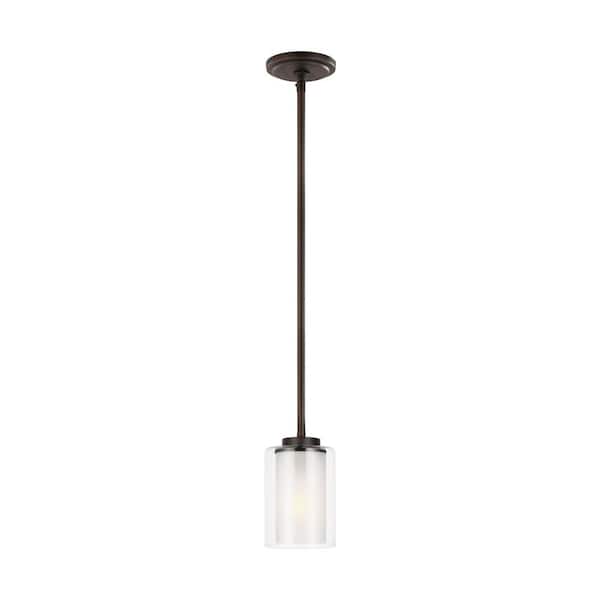 Generation Lighting Elmwood Park 4.375 in. 1-Light Bronze Modern Transitional Hanging Mini Pendant with Satin Etched Glass Shade