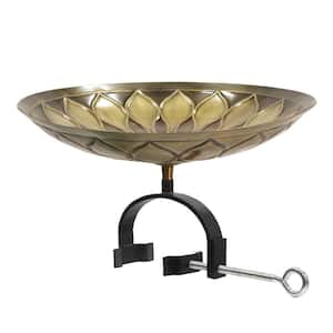 16.75 in. L Antique and Patina Finish Brass African Daisy Round Birdbath with Wrought Iron Over Rail Bracket